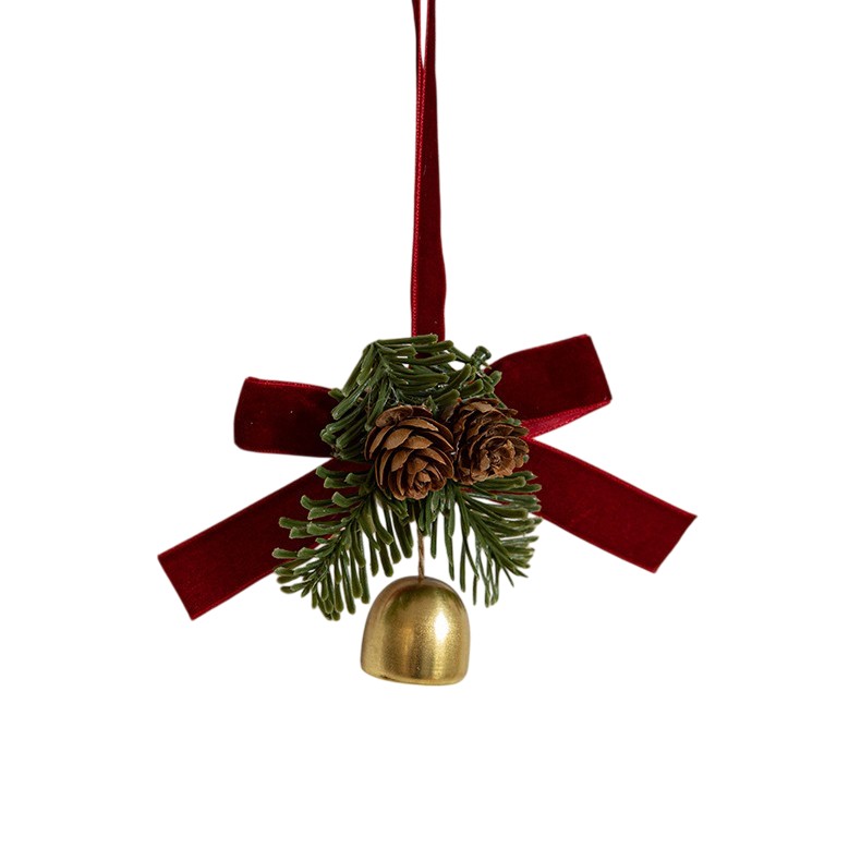 Ornament de Brad, Flippy, tip Funda de Craciun cu 1 Clopotel Auriu si Conuri de Brad, Panglica Rosie de Velvet, 10 x 10 cm, Rosu