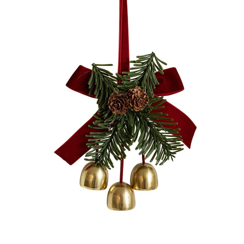 Ornament de Brad, Flippy, tip Funda de Craciun cu 3 Clopotei Aurii si Conuri de Brad, Panglica Rosie de Velvet, 16 x 11 cm, Rosu