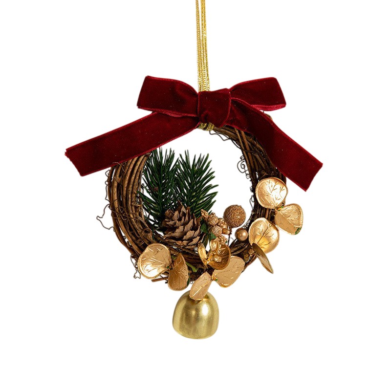 Ornament de Brad, Flippy, tip Coronita de Craciun cu 1 Clopotel cu Flori Aurii si Conuri de Brad, Panglica Rosie de Velvet, 14 x 10 cm, Rosu