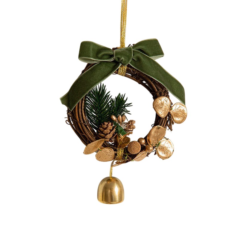 Ornament de Brad, Flippy, tip Coronita de Craciun cu 1 Clopotel cu Flori Aurii si Conuri de Brad, Panglica Verde de Velvet, 14 x 10 cm, Verde