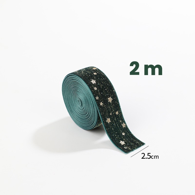 Panglica Decorativa de Craciun, Flippy, Panglica din Panza cu aspec de Catifea, Funda Ornament, Model cu Stele Aurii, Decor pentru Brad de Craciun, 200 x 2.5 cm, Verde