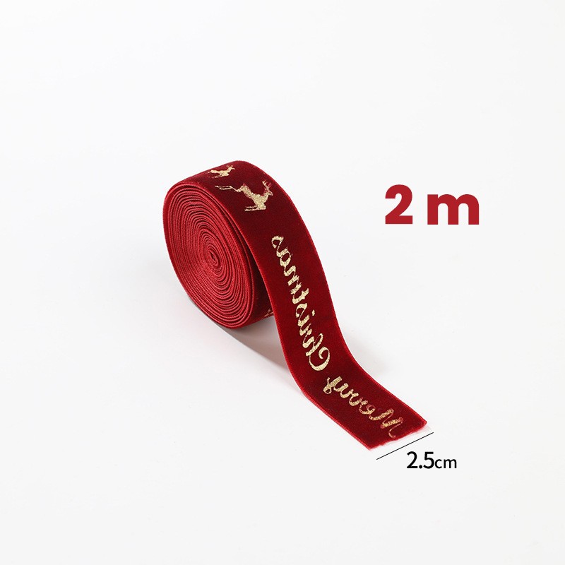 Panglica Decorativa de Craciun, Flippy, Panglica din Panza cu aspec de Catifea, Funda Ornament, Model Merry Christmas si Cerbi Aurii, Decor pentru Brad de Craciun, 200 x 2.5 cm, Rosu