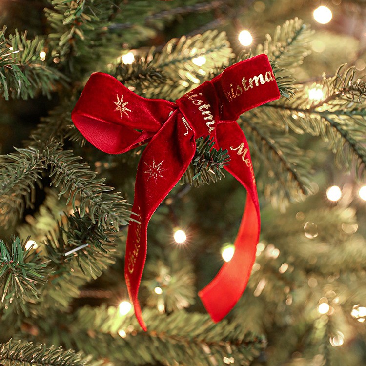 Panglica Decorativa de Craciun, Flippy, Panglica din Panza cu aspec de Catifea, Funda Ornament, Model Merry Christmas si Cerbi Aurii, Decor pentru Brad de Craciun, 200 x 2.5 cm, Rosu