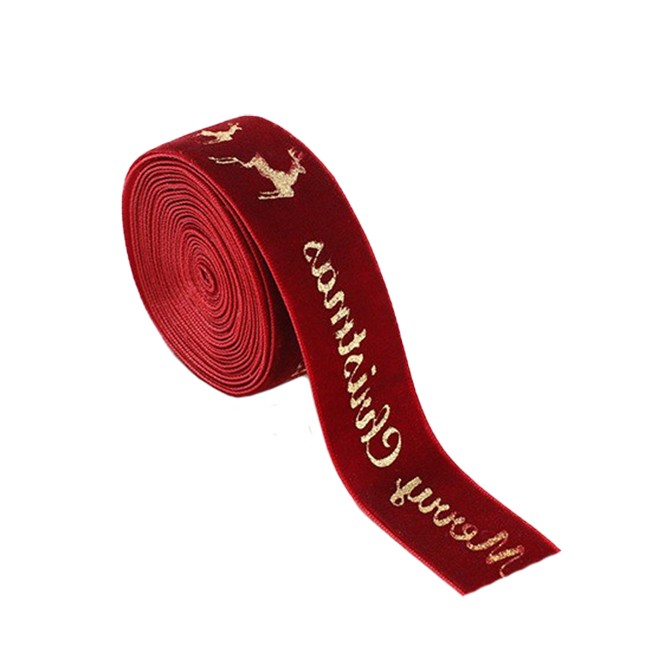 Panglica Decorativa de Craciun, Flippy, Panglica din Panza cu aspec de Catifea, Funda Ornament, Model Merry Christmas si Cerbi Aurii, Decor pentru Brad de Craciun, 200 x 2.5 cm, Rosu