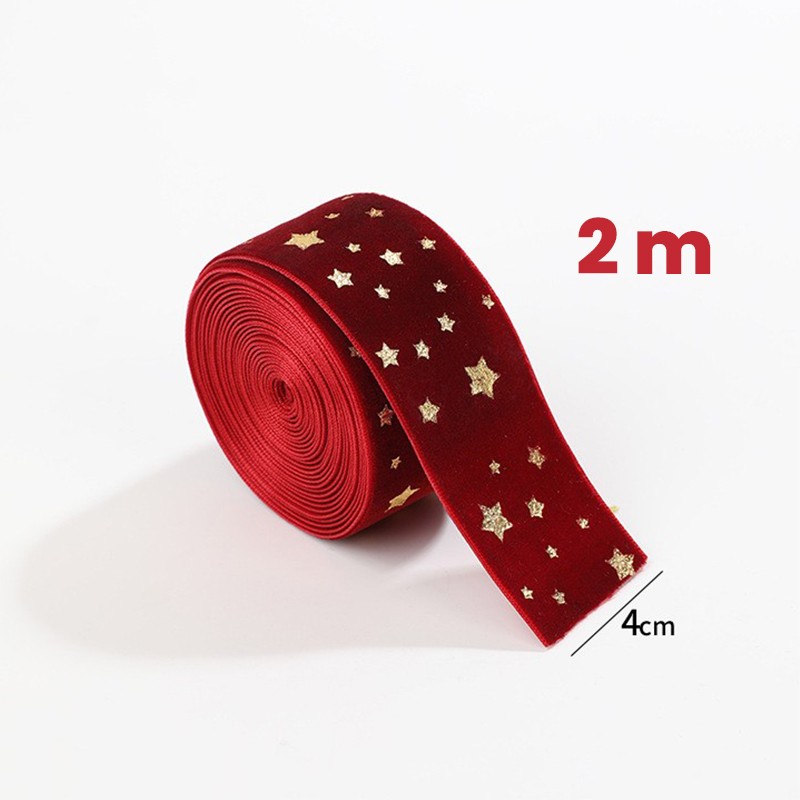 Panglica Decorativa de Craciun, Flippy, Panglica din Panza cu aspec de Catifea, Funda Ornament, Model cu Stele Aurii, Decor pentru Brad de Craciun, 200 x 4 cm, Rosu