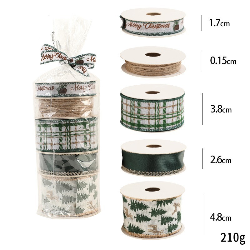 Panglica Decorativa cu Tematica de Craciun, Flippy, Set din 4 bucat + 1 Rulon Ata Maro, Panglica pentru Cadou de Craciun Brad si Decor, 2 M per bucata, Model Brad, Alb Verde
