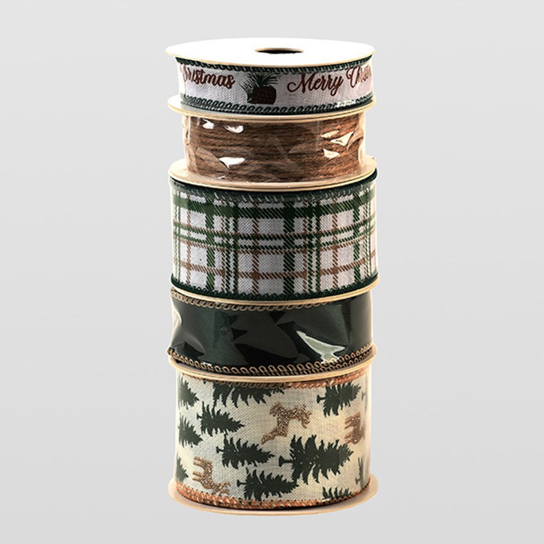 Panglica Decorativa cu Tematica de Craciun, Flippy, Set din 4 bucat + 1 Rulon Ata Maro, Panglica pentru Cadou de Craciun Brad si Decor, 2 M per bucata, Model Brad, Alb Verde