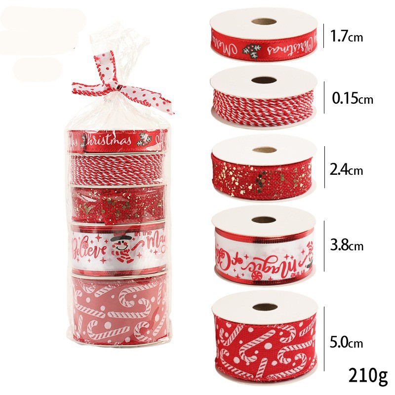 Panglica Decorativa cu Tematica de Craciun, Flippy, Set din 4 bucat + 1 Rulon Ata Rosie Alba, Panglica pentru Cadou de Craciun Brad si Decor, 2 M per bucata, Model Acadele, Rosu