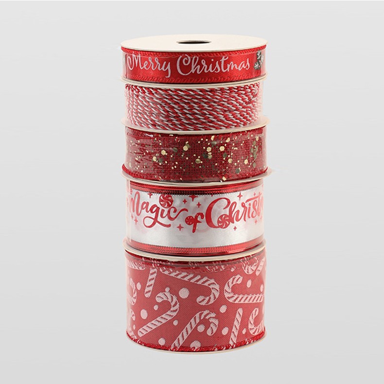 Panglica Decorativa cu Tematica de Craciun, Flippy, Set din 4 bucat + 1 Rulon Ata Rosie Alba, Panglica pentru Cadou de Craciun Brad si Decor, 2 M per bucata, Model Acadele, Rosu