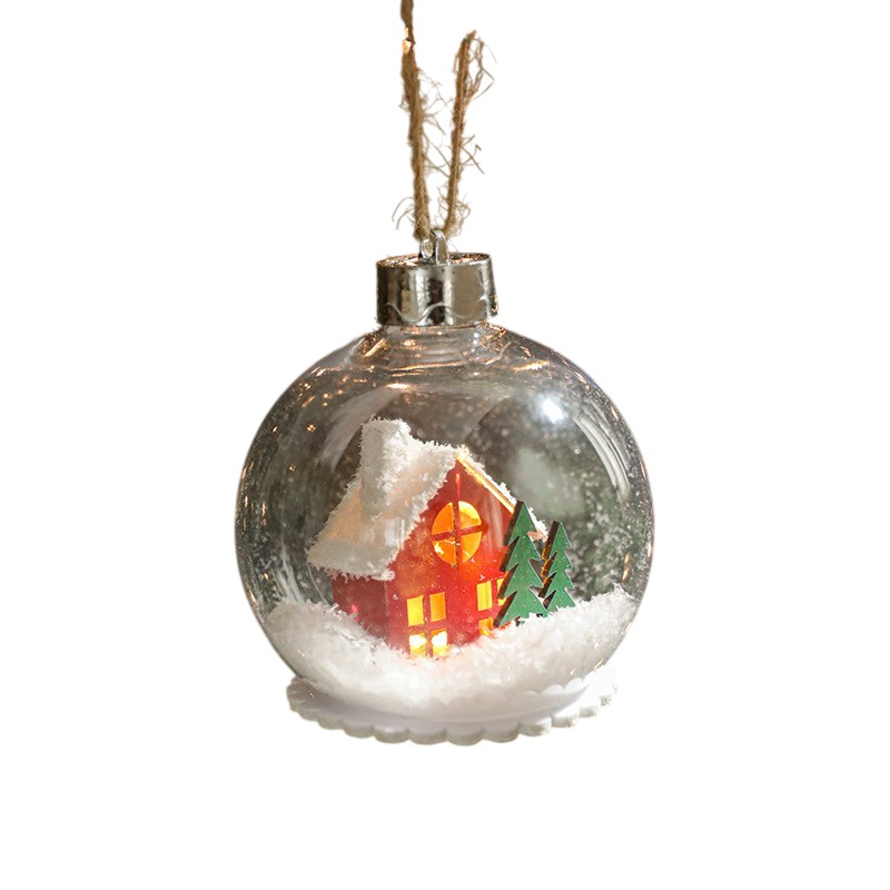 Glob pentru Bradul de Craciun LED, Flippy, Model A, Glob Transparent cu Figurina Casa si Braduti iluminat LED, Diametrul 10 cm, Baza Solida, Transparent