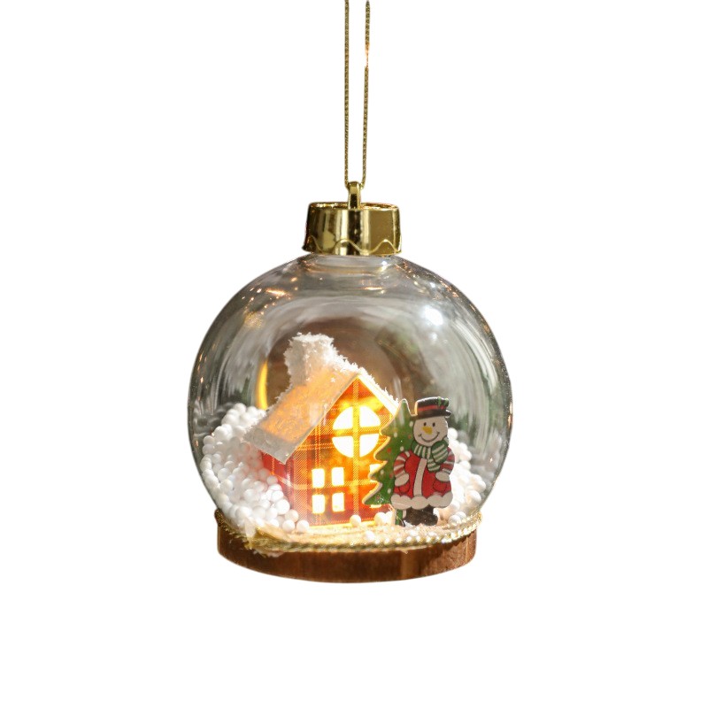 Glob pentru Bradul de Craciun LED, Flippy, Model C, Glob Transparent cu Figurina Casa si Om de Zapada iluminat LED, Diametrul 10 cm, Baza Solida, Transparent