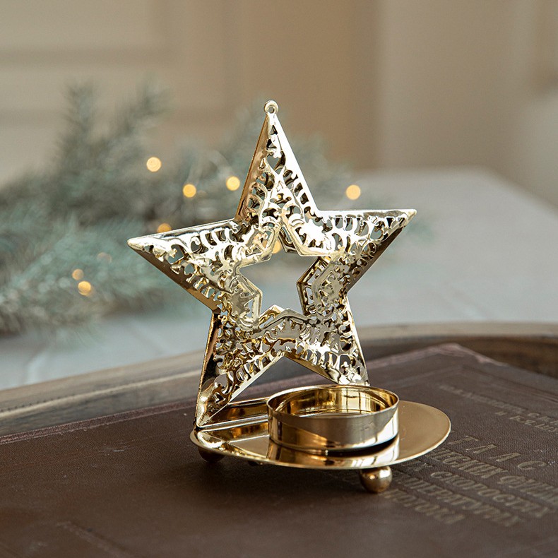 Suport Decorativ pentru Lumanare de Craciun, Flippy, Model Stea Aurie din Art Metal, pentru Masa fara Agatare, 12 x 11 x 7.2 cm, Auriu