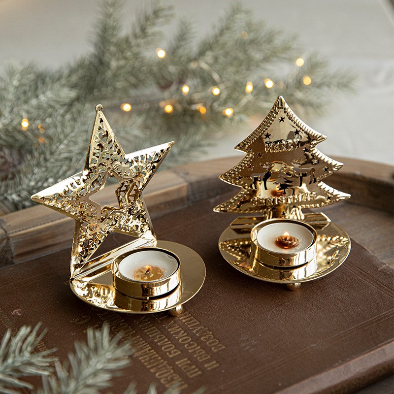 Suport Decorativ pentru Lumanare de Craciun, Flippy, Model Brad Auriu din Art Metal, pentru Masa fara Agatare, 10.5 x 9 x 7.5 cm, Auriu