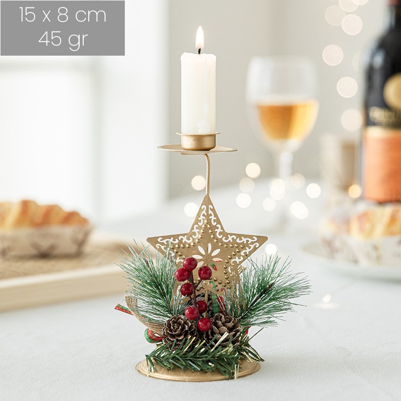 Suport Decorativ pentru Lumanare de Craciun, Flippy, Ornament pentru Lumanare, Model Stea Aurie cu Crengute de Brad, din Art Metal, pentru Masa, fara Lumanare 15 x 8 cm, Auriu