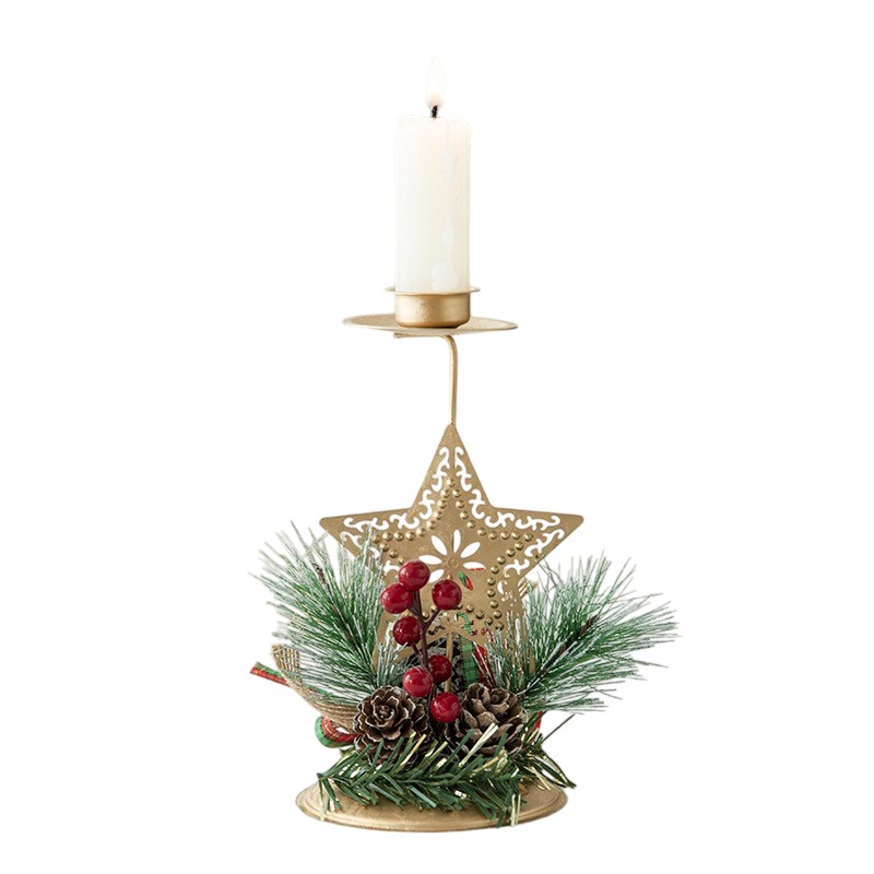Suport Decorativ pentru Lumanare de Craciun, Flippy, Ornament pentru Lumanare, Model Stea Aurie cu Crengute de Brad, din Art Metal, pentru Masa, fara Lumanare 15 x 8 cm, Auriu