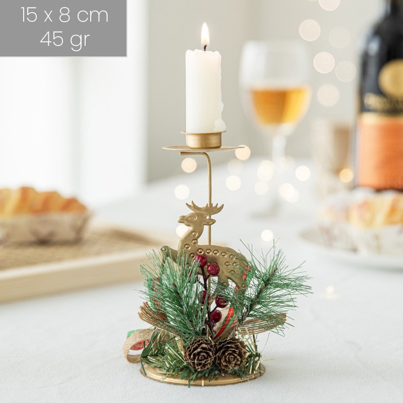 Suport Decorativ pentru Lumanare de Craciun, Flippy, Ornament pentru Lumanare, Model Ren Auriu cu Crengute de Brad, din Art Metal, pentru Masa, fara Lumanare 15 x 8 cm, Auriu
