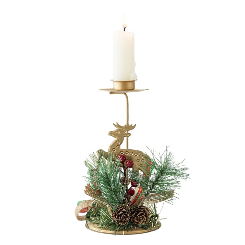 Suport Decorativ pentru Lumanare de Craciun, Flippy, Ornament pentru Lumanare, Model Ren Auriu cu Crengute de Brad, din Art Metal, pentru Masa, fara Lumanare 15 x 8 cm, Auriu