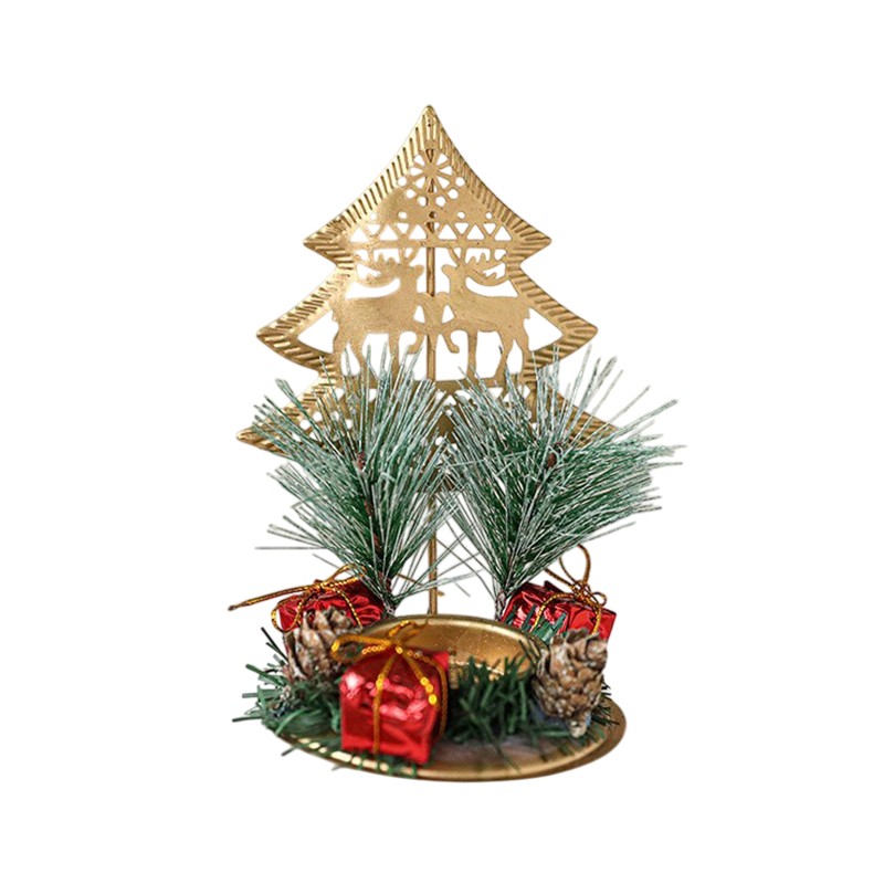 Suport Decorativ pentru Lumanare de Craciun, Flippy, Ornament pentru Lumanare pe Masa, Model Brad cu Reni si Crengute de Brad, din Art Metal, fara Lumanare 13 x 8.3 cm, Auriu