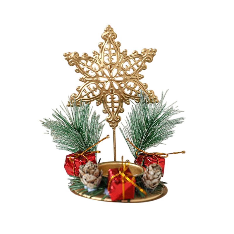 Suport Decorativ pentru Lumanare de Craciun, Flippy, Ornament pentru Lumanare pe Masa, Model Fulg de Nea si Crengute de Brad, din Art Metal, fara Lumanare 13 x 8.3 cm, Auriu