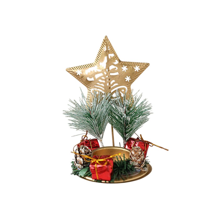 Suport Decorativ pentru Lumanare de Craciun, Flippy, Ornament pentru Lumanare pe Masa, Model Stea cu Clopotei si Crengute de Brad, din Art Metal, fara Lumanare 13 x 8.3 cm, Auriu