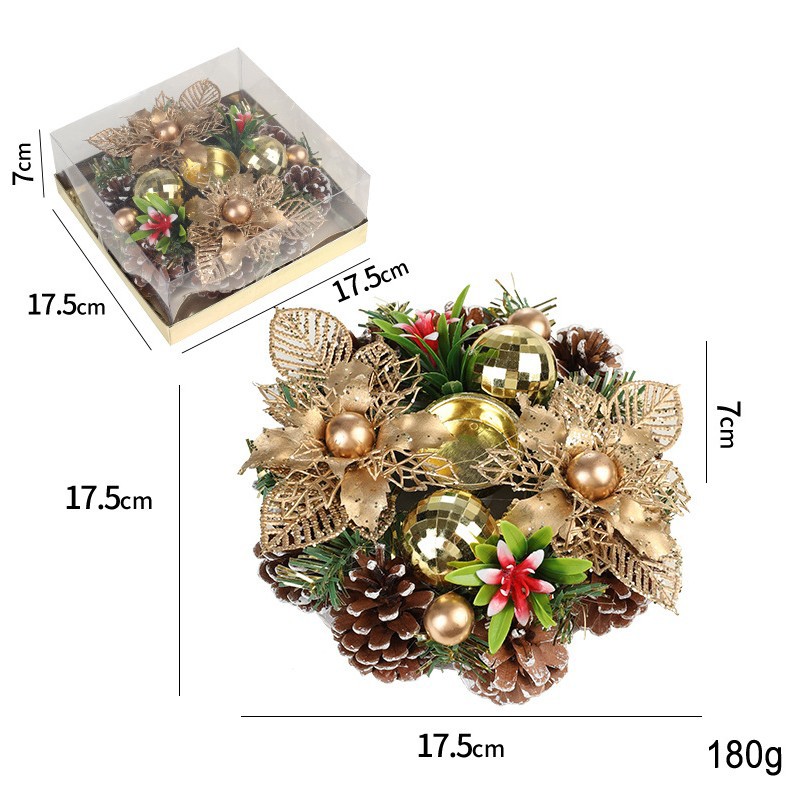 Suport pentru Lumanare de Craciun, Flippy, Model Cupa cu 2 Globutele Aurii si 2 Flori cu Conuri, Sfesnic de Tip Ghirlanda, Decoratiune pe Masa de Craciun, 17.5 x 17.5 x 7 cm, Auriu