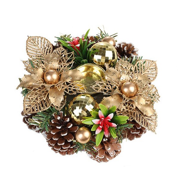 Suport pentru Lumanare de Craciun, Flippy, Model Cupa cu 2 Globutele Aurii si 2 Flori cu Conuri, Sfesnic de Tip Ghirlanda, Decoratiune pe Masa de Craciun, 17.5 x 17.5 x 7 cm, Auriu