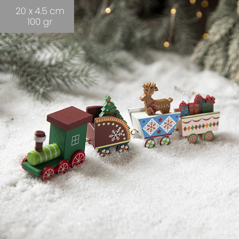 Ornament Decoratiune de Craciun Tren Pictat, Flippy, Tip Ornament Jucarie de Decor pentru Craciun, din Lemn 20 cm, Tren Figurina de Craciun, Multicolor