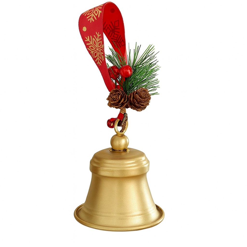 Clopot decorativ pentru Brad Craciun, Flippy, Clopot din Metal cu Funda si Crenguta de Brad pentru Decoratiune de Craciun, 10 x 8 x 8 cm, Auriu