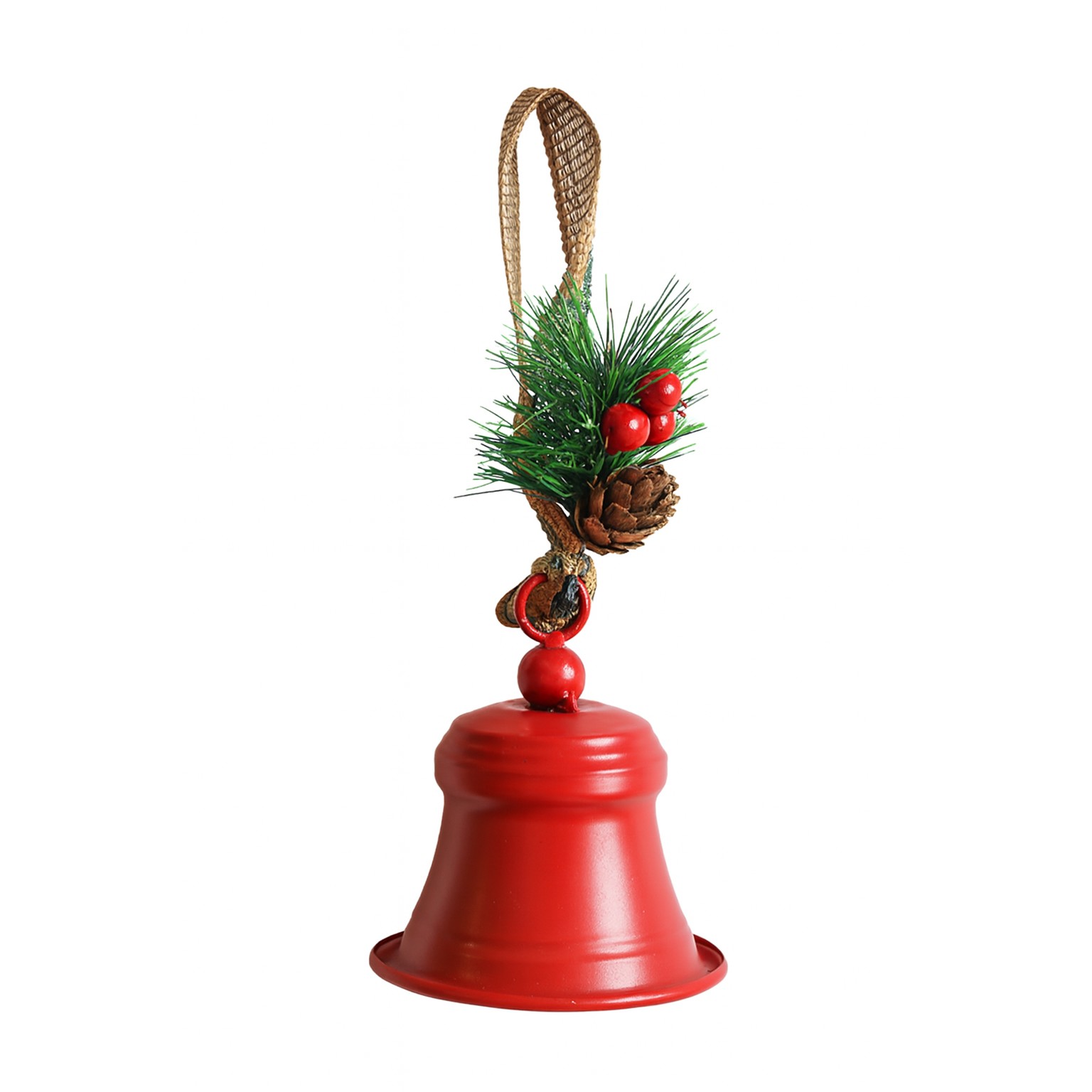 Clopot decorativ pentru Brad Craciun, Flippy, Clopot din Metal cu Funda si Crenguta de Brad pentru Decoratiune de Craciun, 10 x 8 x 8 cm, Rosu