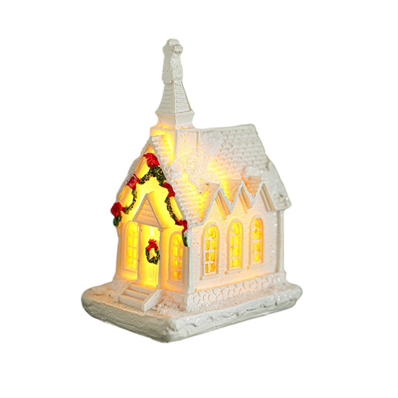 Decoratiune Ornament de Craciun, Flippy, Biserica de Craciun din Rasina, Model Biserica Mica Iluminata din Interior, 8.8 x 6 x 4.5 cm, Alb