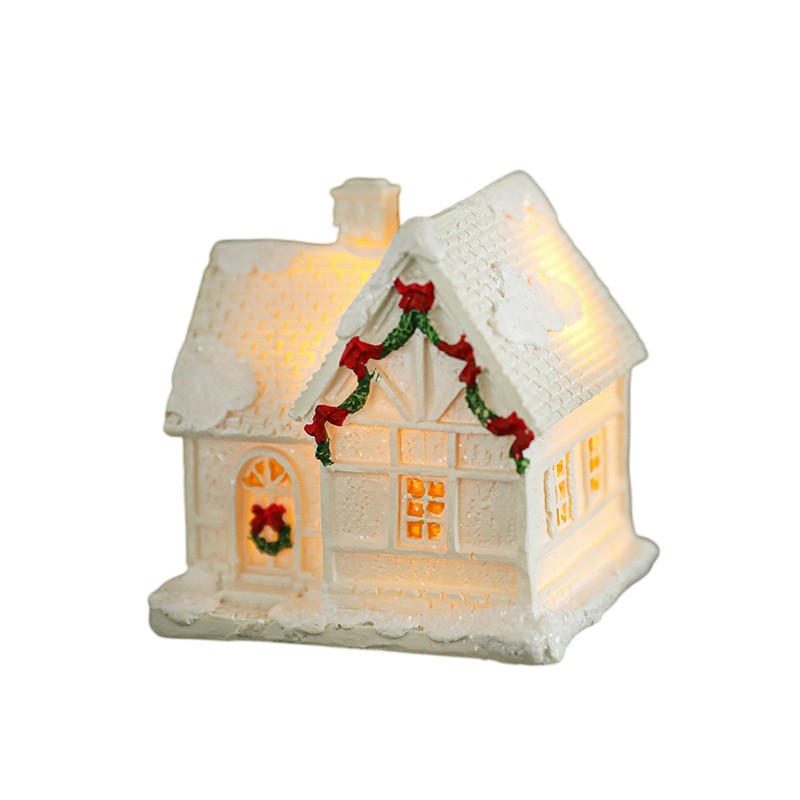 Decoratiune Ornament de Craciun, Flippy, Casuta de Craciun din Rasina, Model Casa Mica Iluminata din Interior, 5.8 x 5.5 x 4.5 cm, Alb