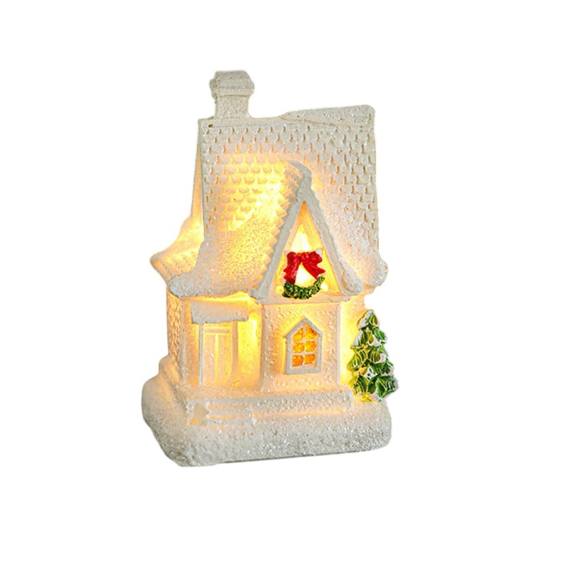 Decoratiune Ornament de Craciun, Flippy, Casuta de Craciun din Rasina, Model Casa Mica Iluminata din Interior, 8.5 x 5 x 4 cm, Alb