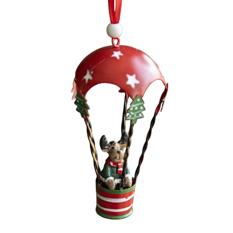 Figurina pentru Brad de Craciun, Flippy, Model Ren in Balon cu Aer Cald, Ornament pentru Brad, din Metal, 11 x 5.5 x 5.5 cm, Rosu inchis