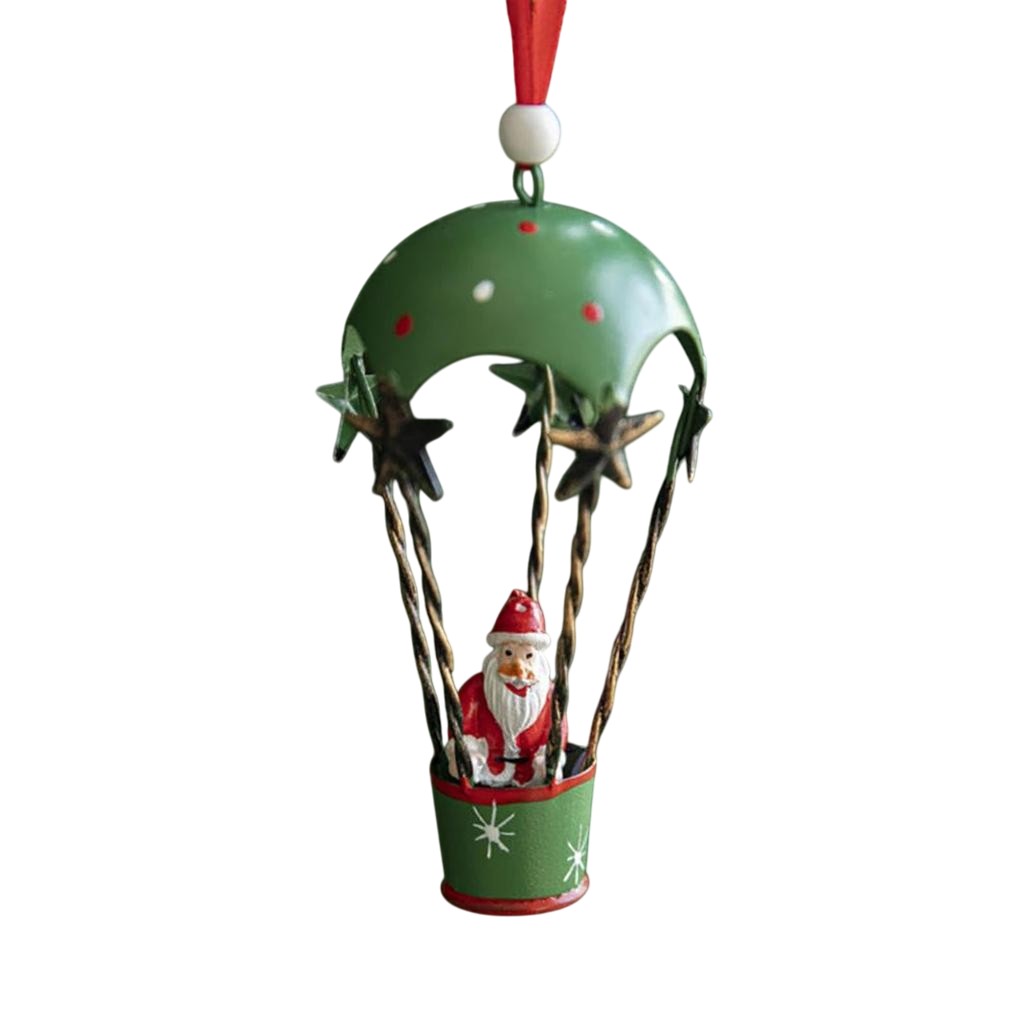 Figurina pentru Brad de Craciun, Flippy, Model Mos Craciun in Balon cu Aer Cald, Ornament pentru Brad, din Metal, 11 x 5.5 x 5.5 cm, Verde