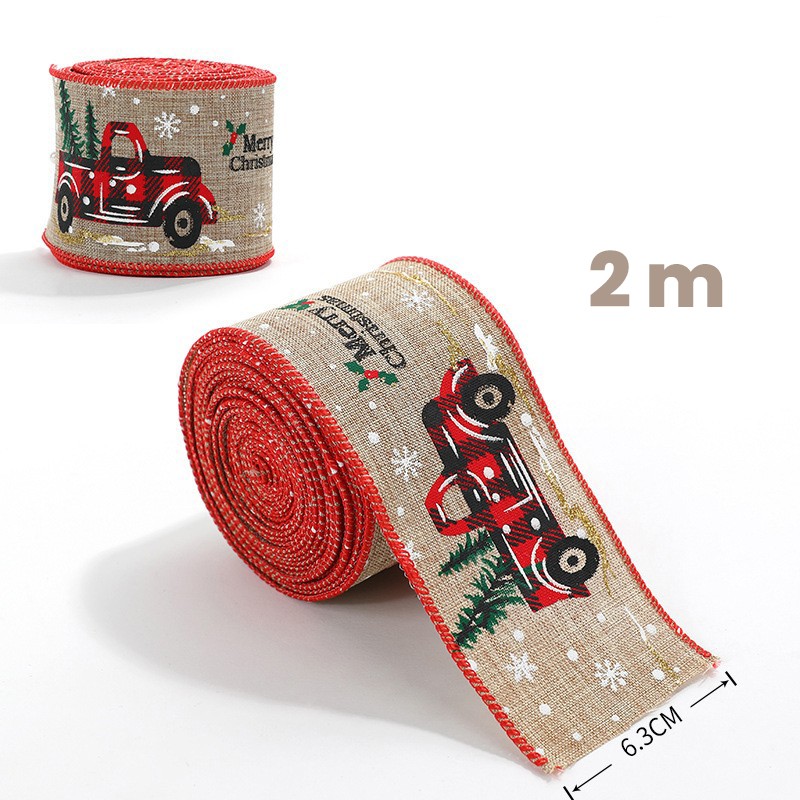 Panglica de Craciun pentru Decor Brad, Flippy, Panglica Decorativa de Craciun pentru Funde, Imprimeu Pick-Up Merry Christmas, 200 x 6.3 m, Khaki Rosu