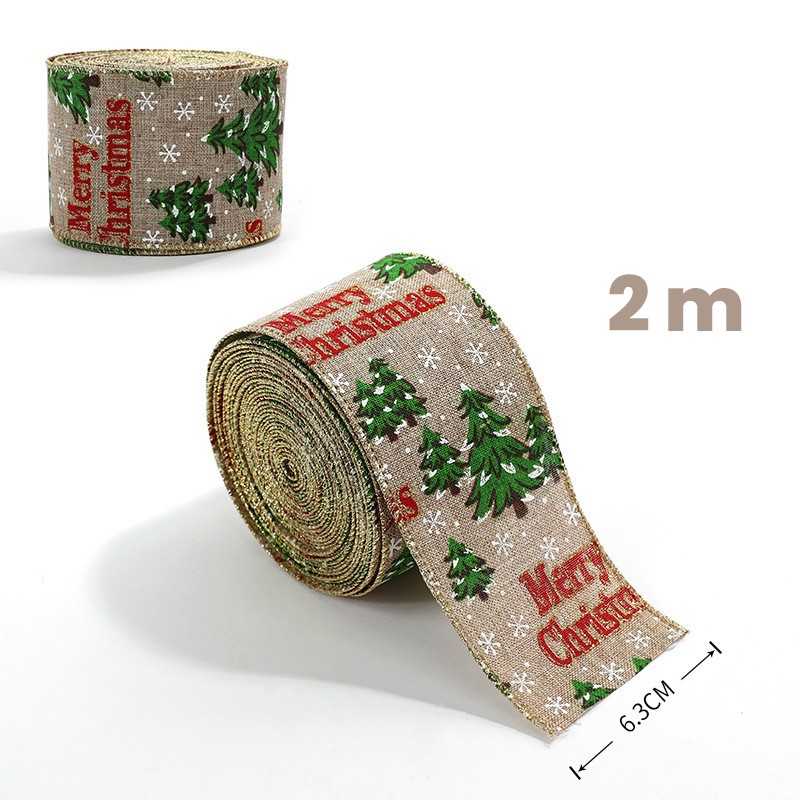 Panglica de Craciun pentru Decor Brad, Flippy, Panglica Decorativa de Craciun pentru Funde, Imprimeu Brazi Merry Christmas, 200 x 6.3 m, Khaki Verde Rosu