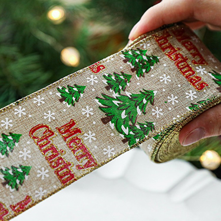Panglica de Craciun pentru Decor Brad, Flippy, Panglica Decorativa de Craciun pentru Funde, Imprimeu Brazi Merry Christmas, 200 x 6.3 m, Khaki Verde Rosu