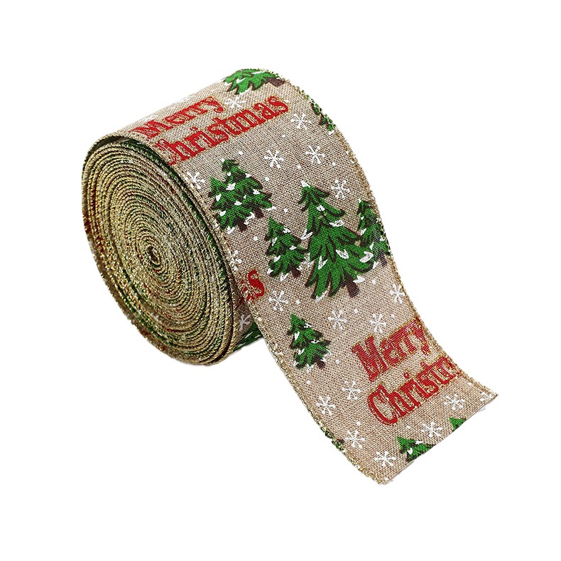 Panglica de Craciun pentru Decor Brad, Flippy, Panglica Decorativa de Craciun pentru Funde, Imprimeu Brazi Merry Christmas, 200 x 6.3 m, Khaki Verde Rosu