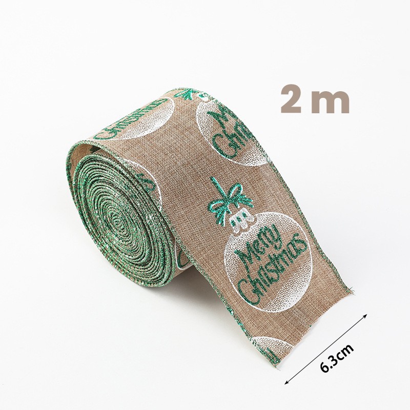 Panglica de Craciun pentru Decor Brad, Flippy, Panglica Decorativa de Craciun pentru Funde, Imprimeu Globulet Merry Christmas, 200 x 6.3 m, Khaki Alb Verde