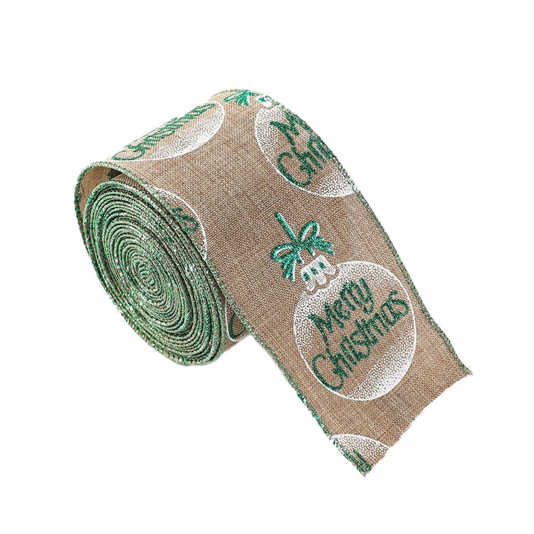 Panglica de Craciun pentru Decor Brad, Flippy, Panglica Decorativa de Craciun pentru Funde, Imprimeu Globulet Merry Christmas, 200 x 6.3 m, Khaki Alb Verde