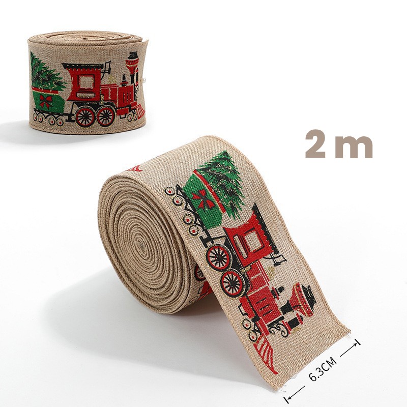 Panglica de Craciun pentru Decor Brad, Flippy, Panglica Decorativa de Craciun pentru Funde, Imprimeu Trenulet, 200 x 6.3 m, Khaki