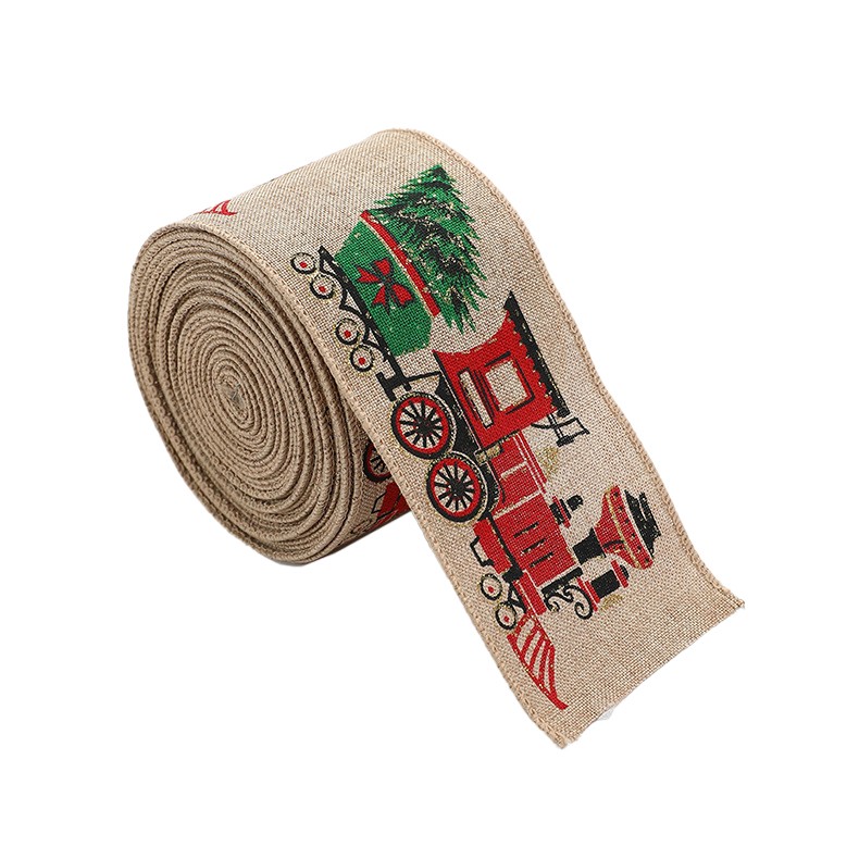 Panglica de Craciun pentru Decor Brad, Flippy, Panglica Decorativa de Craciun pentru Funde, Imprimeu Trenulet, 200 x 6.3 m, Khaki