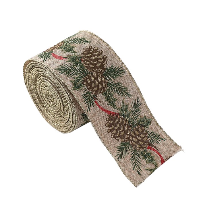 Panglica de Craciun pentru Decor Brad, Flippy, Panglica Decorativa de Craciun pentru Funde, Imprimeu Conuri de Brad, 200 x 6.3 m, Khaki Verde Maro