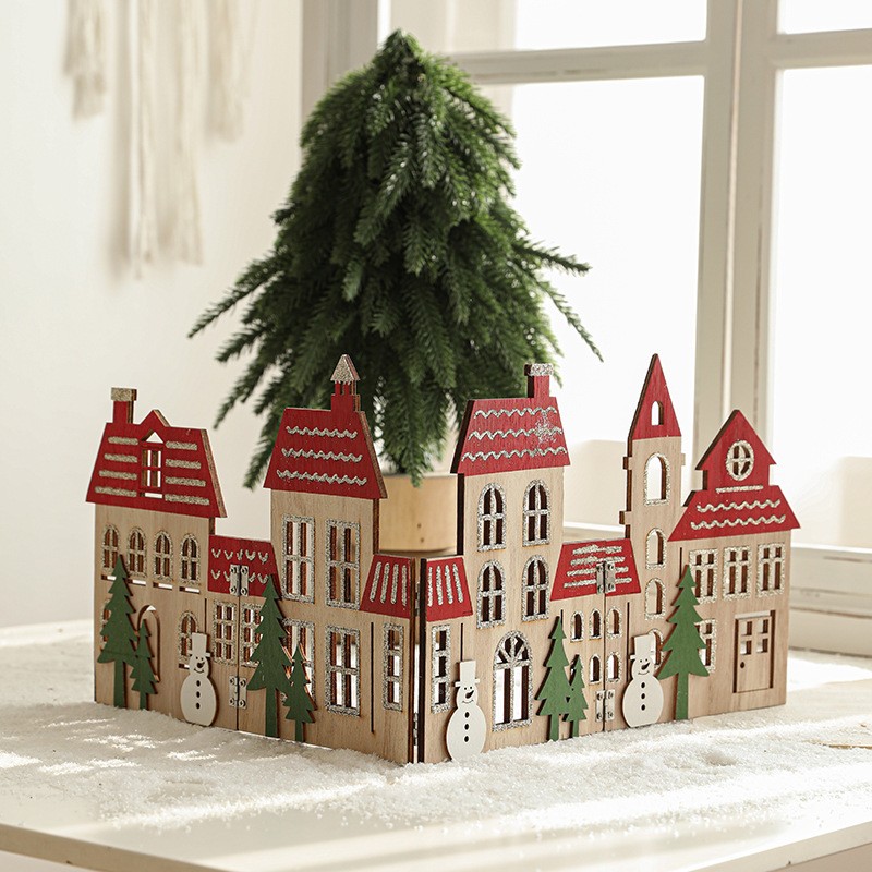 Decoratiune de Craciun, Flippy, Model Orasel de Craciun pentru Brad, in stil European, Pliabil din Lemn, 57 x 20 cm, Maro Natur Rosu