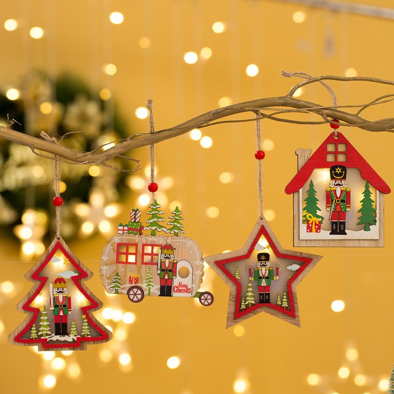 Ornament de Brad, Flippy, cu Lumini LED, din Lemn, Figurina Spargatorul de Nuci, Model Masina, Multicolor