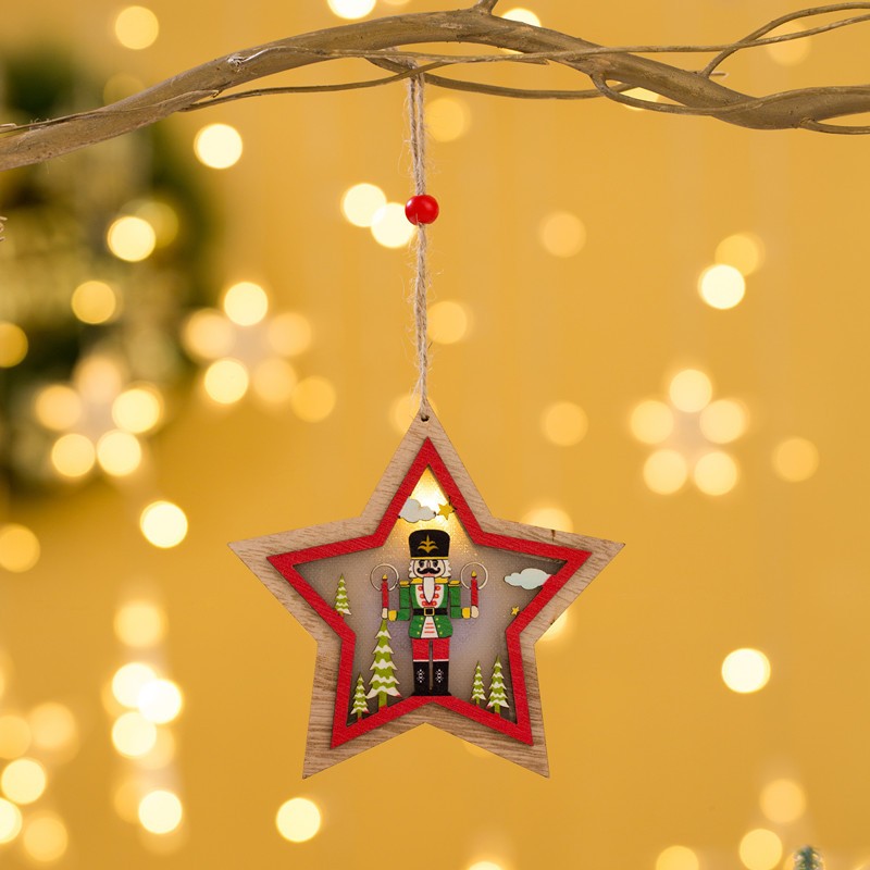 Ornament de Brad, Flippy, cu Lumini LED, din Lemn, Figurina Spargatorul de Nuci, Model Stea, Multicolor
