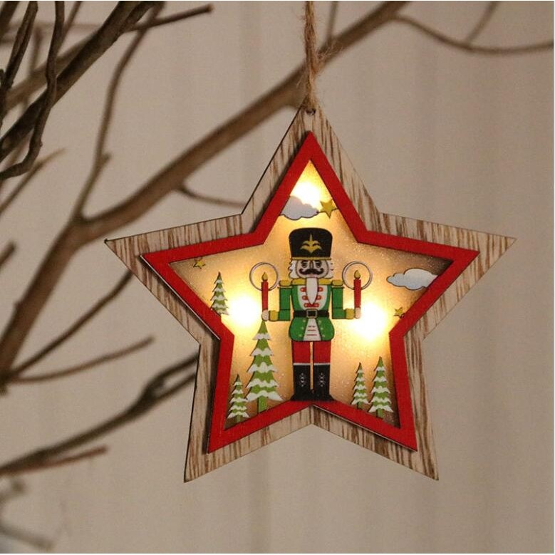 Ornament de Brad, Flippy, cu Lumini LED, din Lemn, Figurina Spargatorul de Nuci, Model Stea, Multicolor