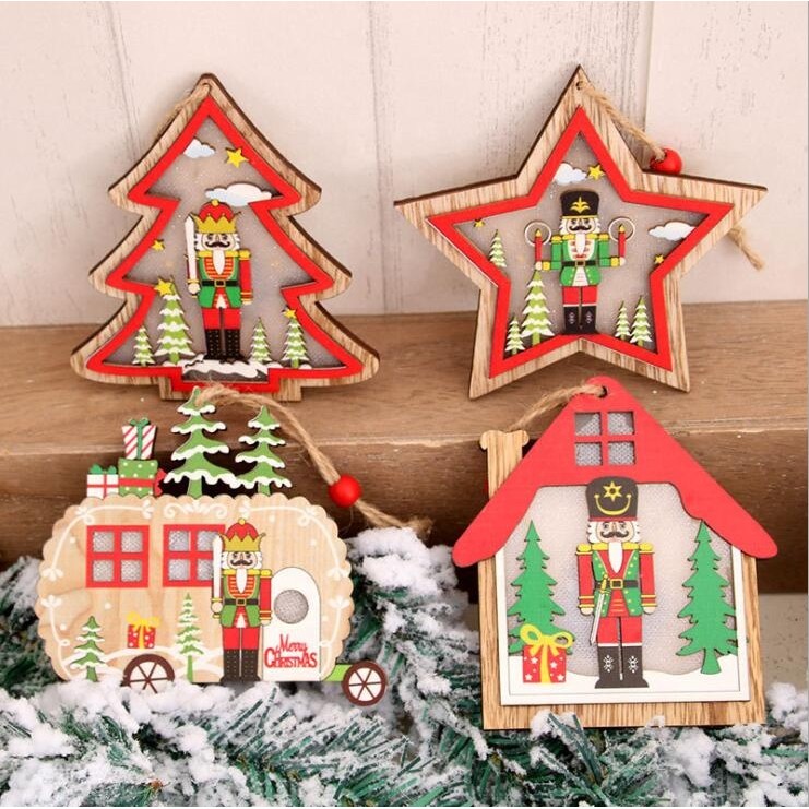 Ornament de Brad, Flippy, cu Lumini LED, din Lemn, Figurina Spargatorul de Nuci, Model Stea, Multicolor