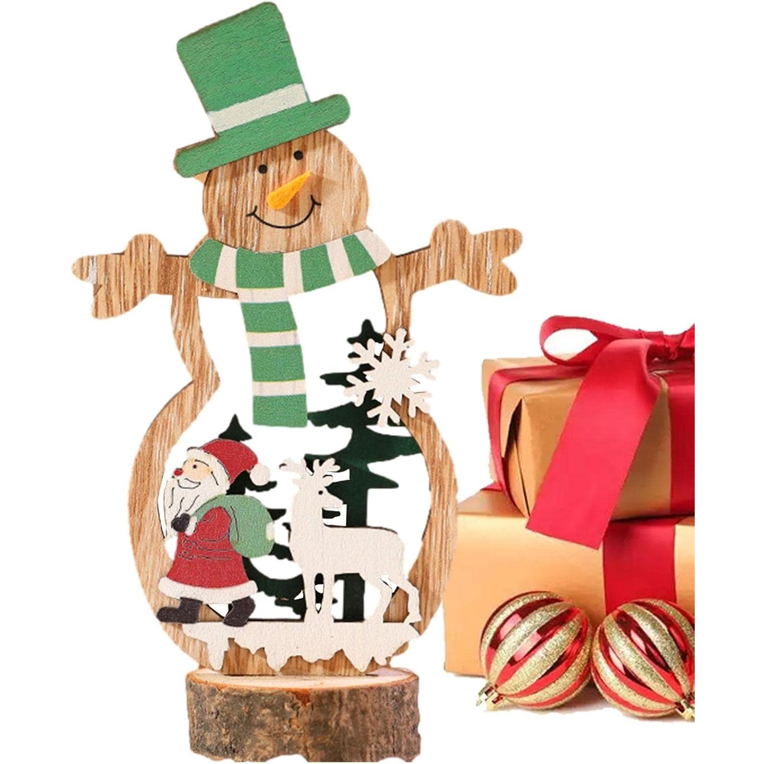Decoratiune de Craciun, Flippy, din Lemn, 10.5 x 18 cm, Model Om de Zapada cu Caciula Verde, Multicolor