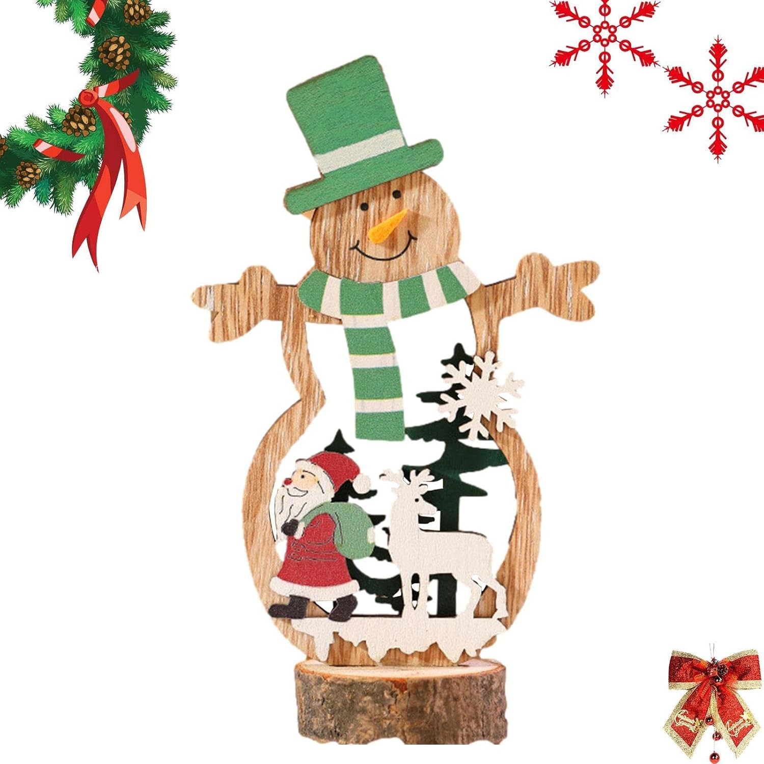 Decoratiune de Craciun, Flippy, din Lemn, 10.5 x 18 cm, Model Om de Zapada cu Caciula Verde, Multicolor